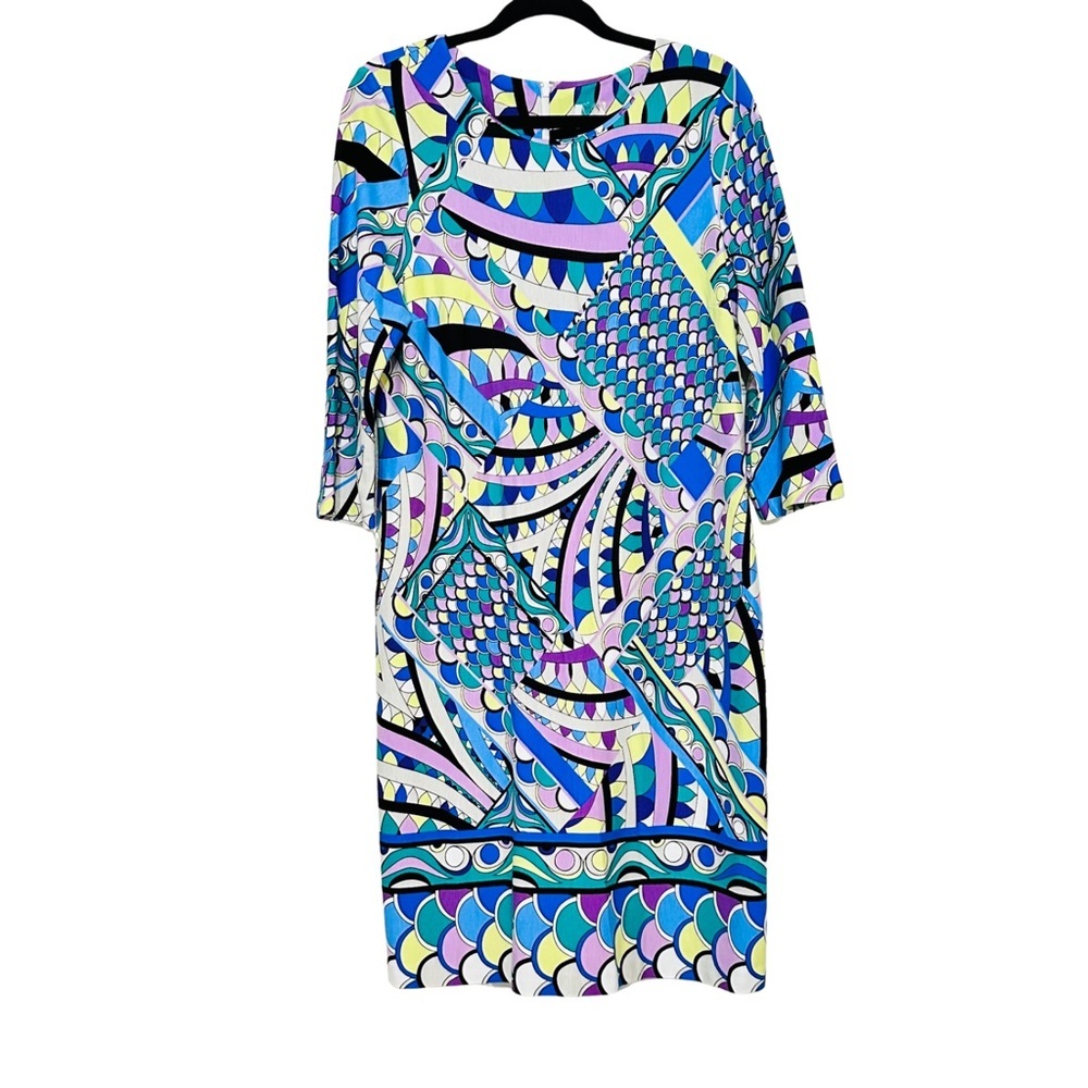 Chicoâs Vibrant Multicolor Geometric Print 3/4 Sleeve Stretchy Dress